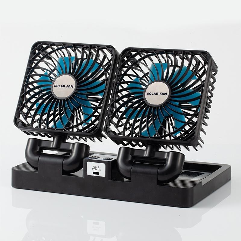 Dual-Head Solar Rechargeable Portable Fan